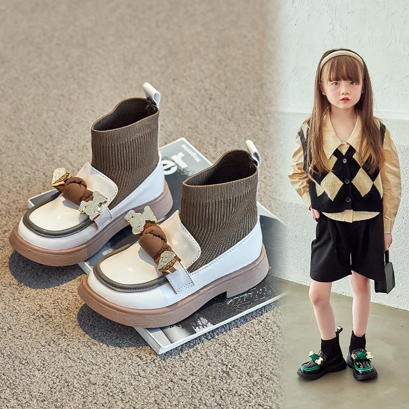 Autumn New Children's Knitted Short Boots Fashion Bow Girl Princess Leather Shoes Soft Sole Student Casual Shoes