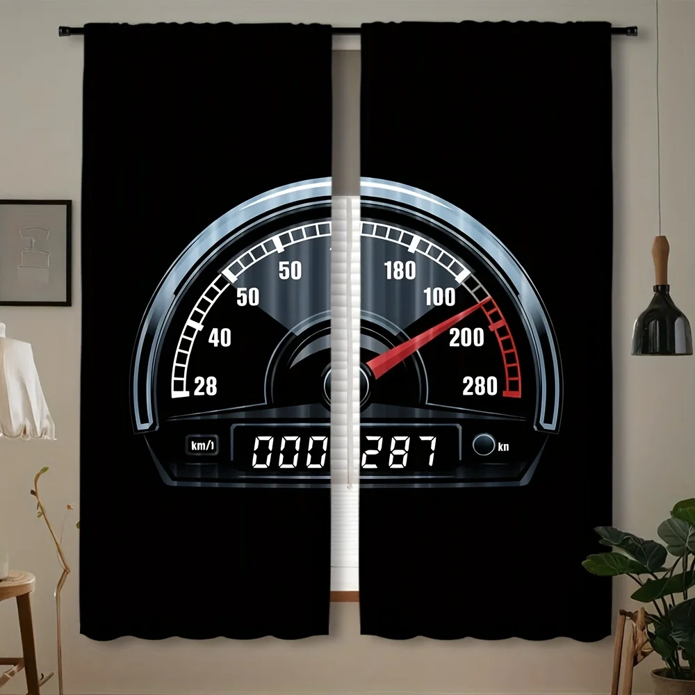 Car Speedometer Curtain Racing Dashboard Window Drape Auto Gauge Decor for Boys Room Black Background Garage Home Textile Fabric