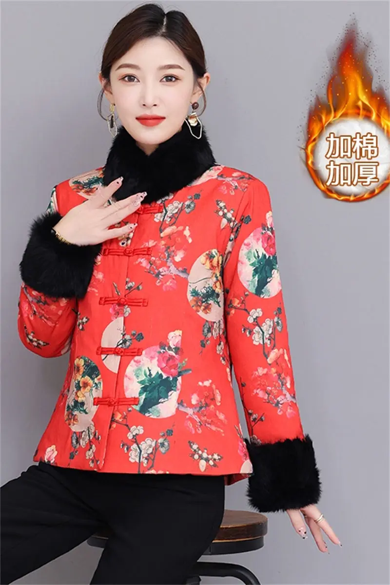 Estilo chinês acolchoado jaqueta outono inverno retro fivela curto engrossado gola de pele e manguito roupas algodão mãe acolchoado casaco t674