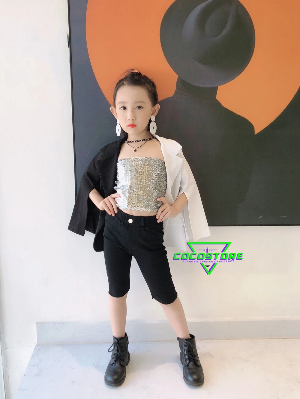 Black and White Colour Blocking Bling Street Wear Girls Hip-hop Outfit Jazz Costumes Perform Dance Wear Catwalk Show Costume