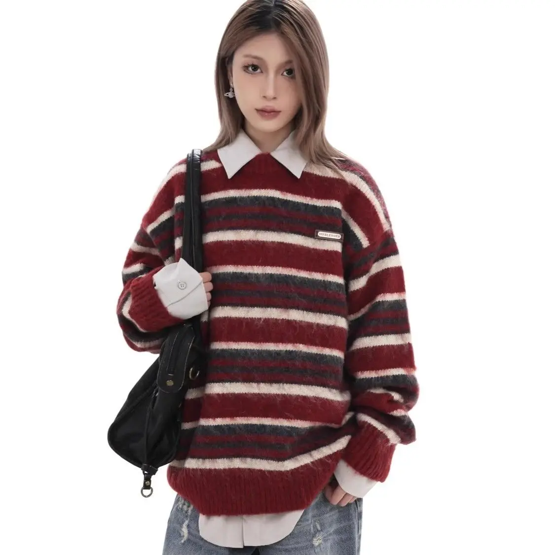 

American Sle Loose Fit round Ne Knitwear Sweater ex Autumn Casual Versatile Striped Lazy Sle Faionable for Men An...