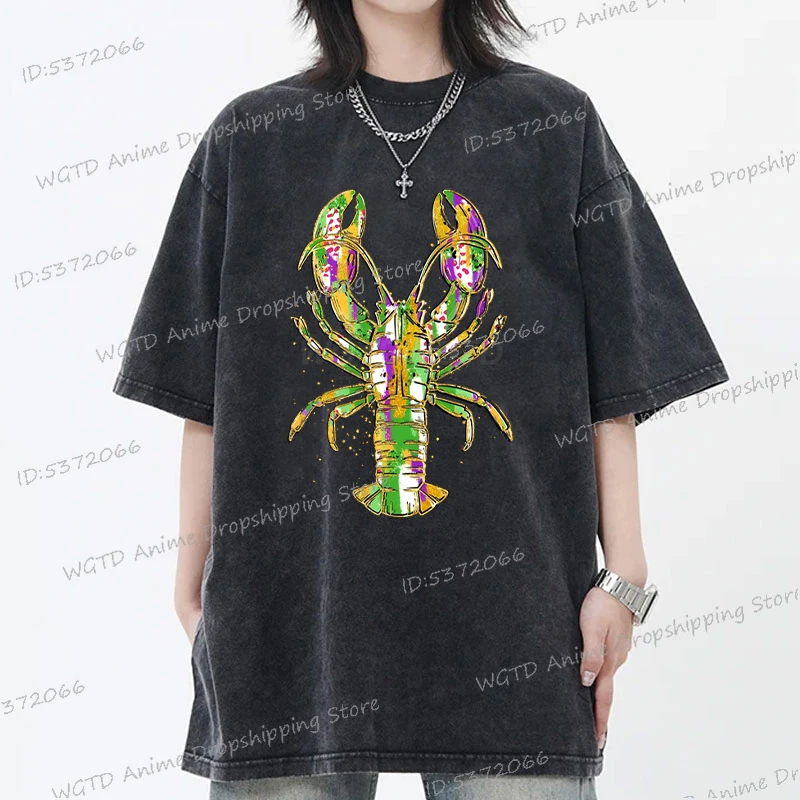 Oversized Washed Cotton T-Shirt Mardi Gras Crawfish New Orleans T Shirt Vintage Fashion Women Y2K Classic Casual Mardi Gras Tees