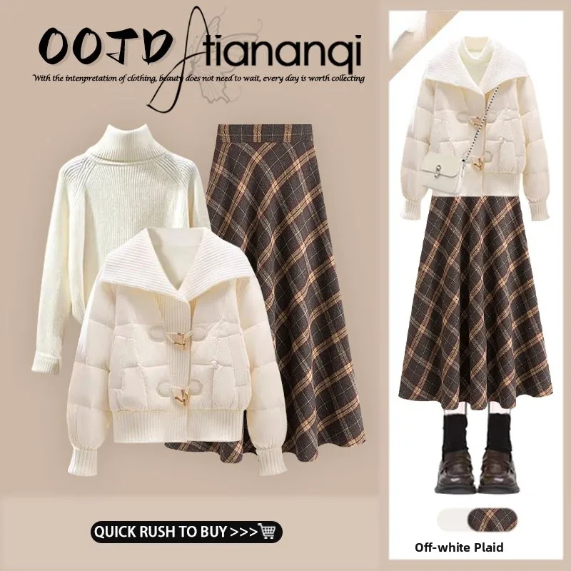 

Женский вязаный свитер и юбка в клетку Ele для осени и зимы, комплект из трех предметов: пальто с высокой талией, хлопковая кофта и юбка, создающие стройнящий силуэт.