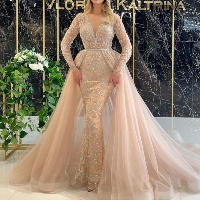 French Luxury Palace Style Deep V Long Sleeve Sequin Tulle Mermaid Evening Gown Wedding Banquet Formal Dress Custom Sizes