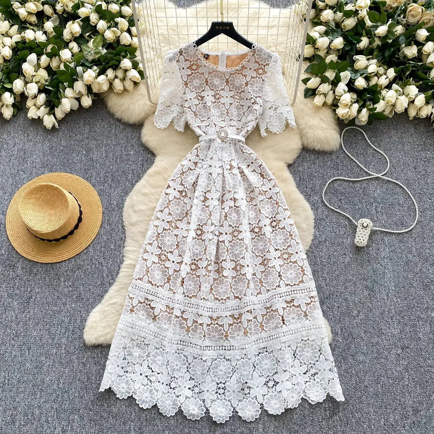 Vintage sexy Hook flower hollow lace short sleeve dress Chic Summer Beach fairycore Vestidos Vacation women clothing