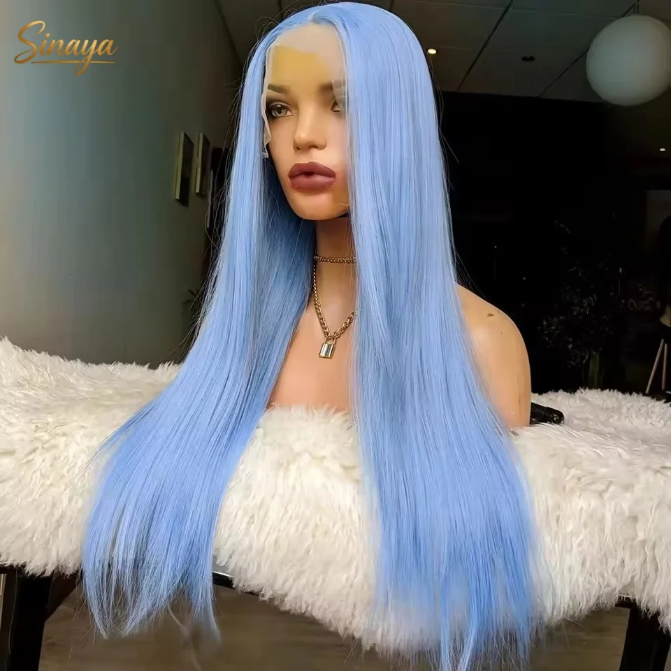 Light Blue Wig Bone Straight Lace Front Wig 13x4 HD Synthetic Pre Plucked Glueless On Clearance Sale Daily Cosplay For Women