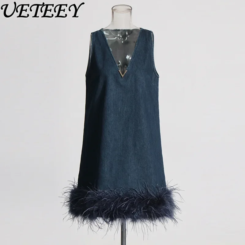 European and American Style Denim Short Dress Autumn New Sleeveless V-neck Denim Splicing Feathers Slim Thin Dresses for Women