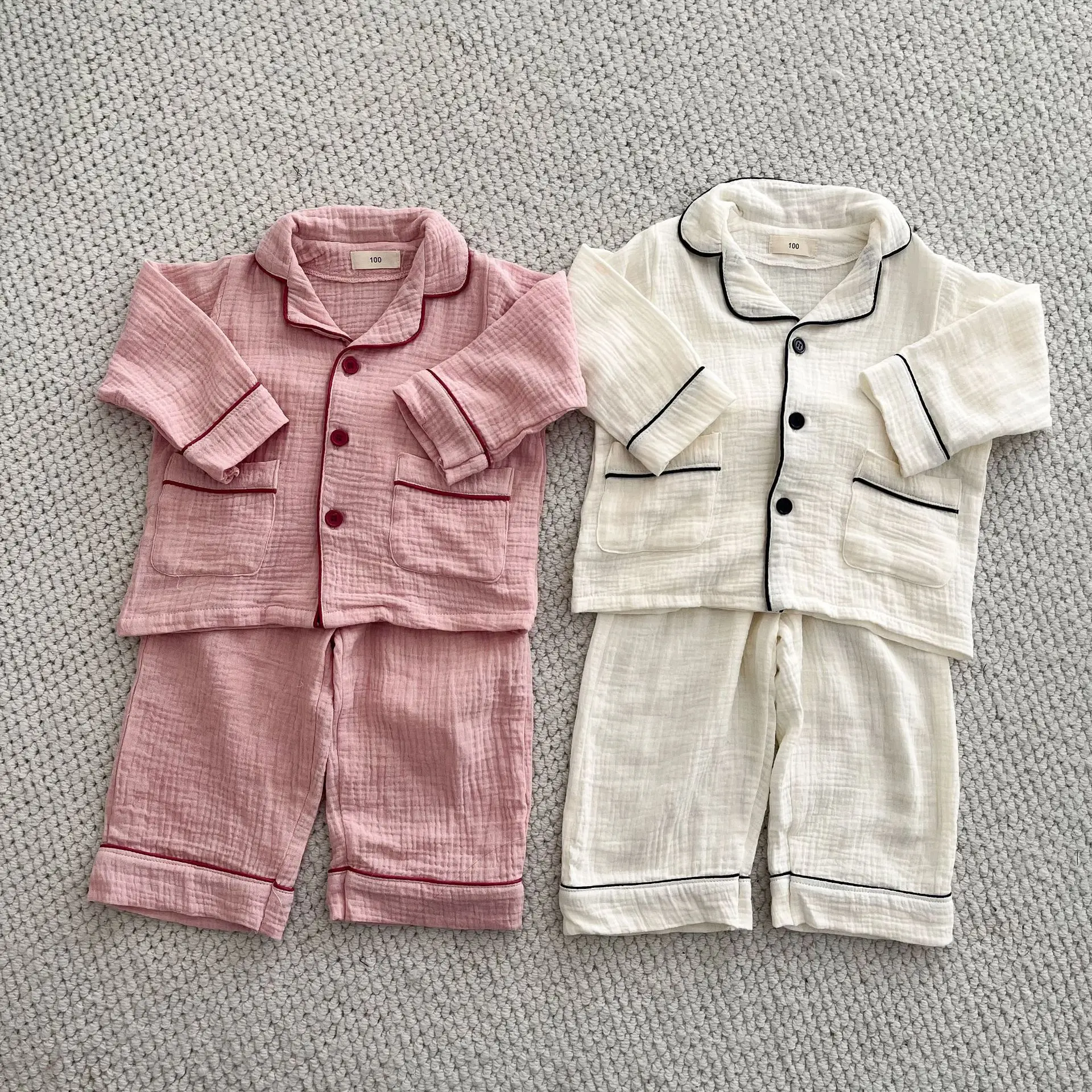Solid Color Children's Cotton Clothing Soft Loose Pajamas Set Baby Boys Girls Sleepwear Turn-down Collar Full Sleeve Pijamas Pjs