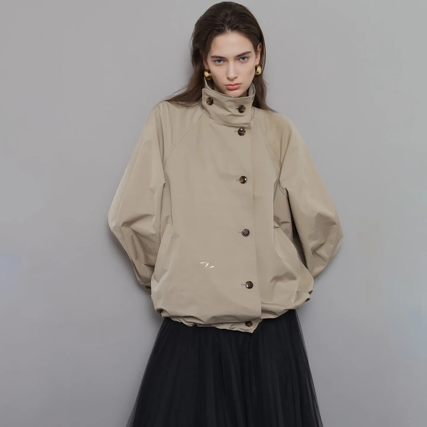 

Корейская ветровка с воротником-стойкой, на шнуровке, повседневная, стройнящая фигуру, тонкий верхний плащ для женщин, длинный, с пуговицами