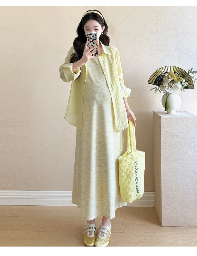 Maternity Suit Summer 2026 Minimalist Versatile Striped Sleeveless Dress and Long Sleeve Shirt for Pregnant Women Daily Wear - view 6