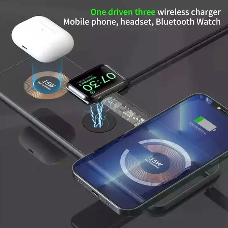 3 in 1 Wireless Charger Foldable Clear Glass Portable 15W Fast Charger for iPhone 14 15 13 12 Air Pods Apple Watch 8 Samsung S22