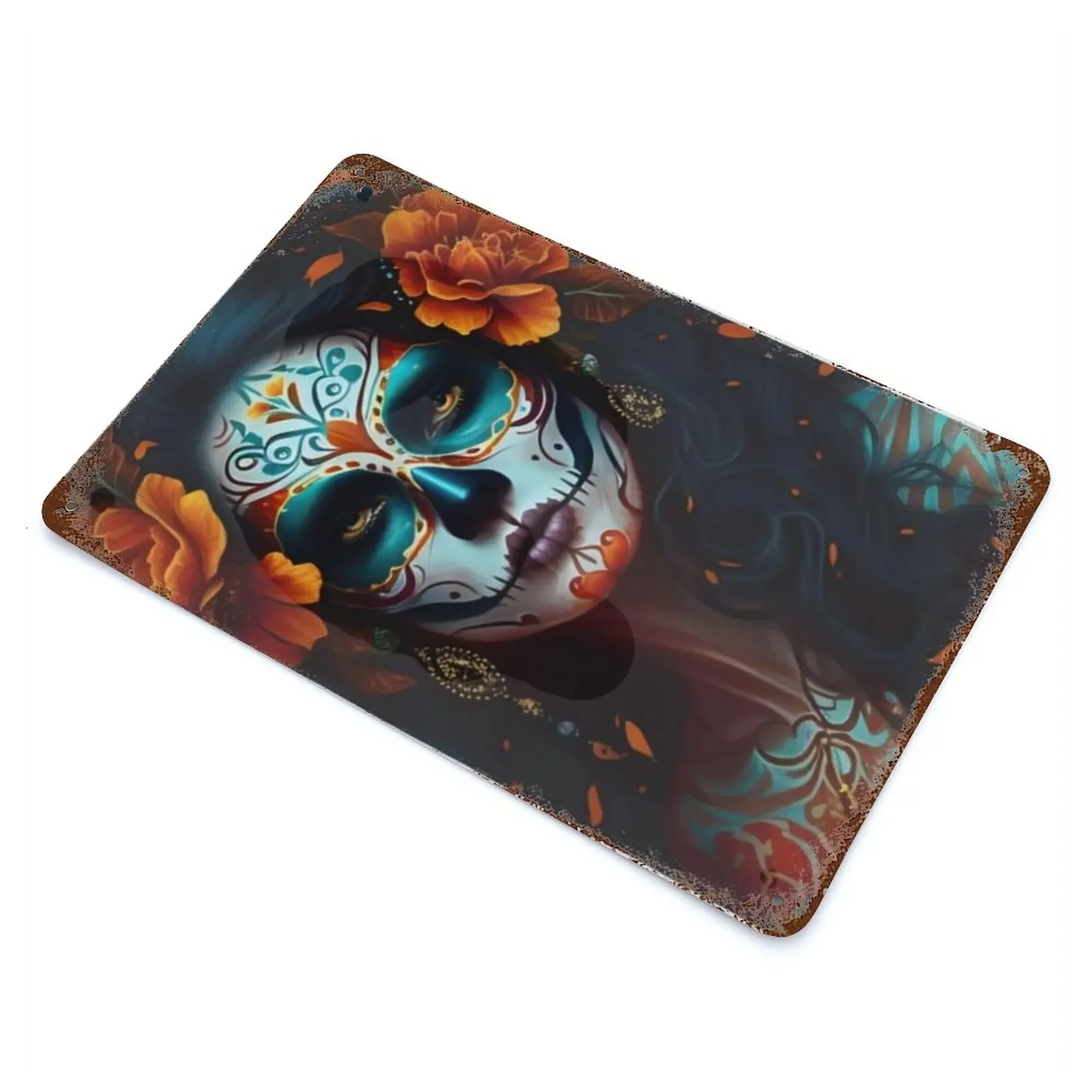 Vintage Mexican Skull Flower Plaque Wall Metal Tin Sign Art Painting Gothic Pictures Abstract Home Decor for Living Room Kitchen