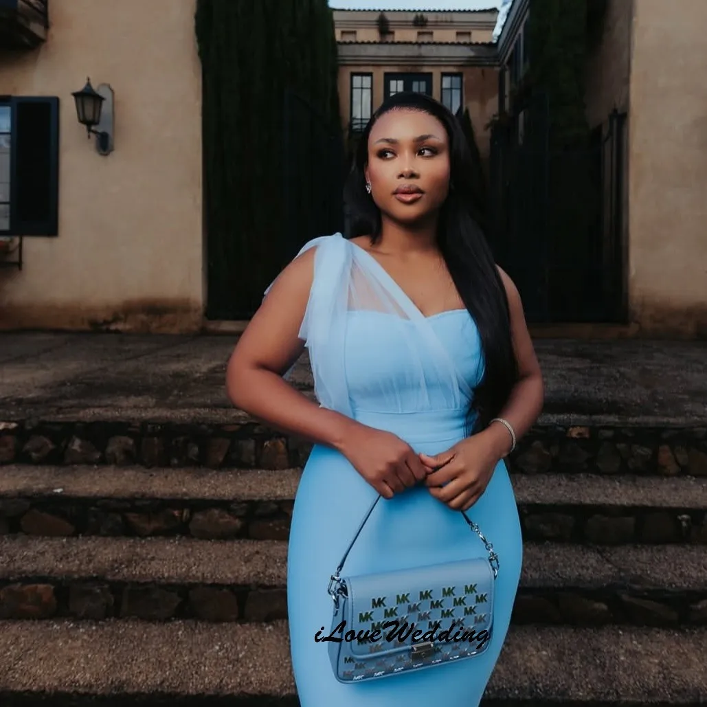 マーメイドワンショルダーブルーイブニングドレス 2025 ノースリーブ V ネックエレガントな女性のパーティードレス膝丈フォーマルガウンカスタマイズ