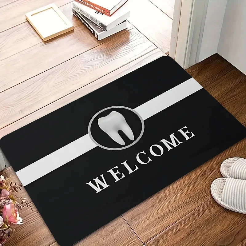 Minimalist Tooth Logo Flannel Entry Rug Dust Repelling Dental Clinic Floor Mat For Orthodontist Office Waiting Room Dental Staff