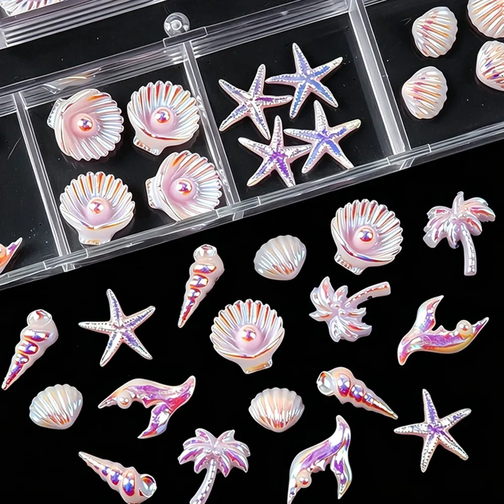 12Grid Boxed Aurora Pink Starfish Shell Nail Charms Ocean Conch Sea Star Nail Accessories Summer Marine Life Nail Art Decoration