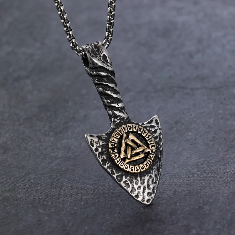 Retro Engraved Viking Series Stainless Steel Sweater Chain, Men's Rune Triangular Cone Pendant Necklace, Hot Sale Jewelry