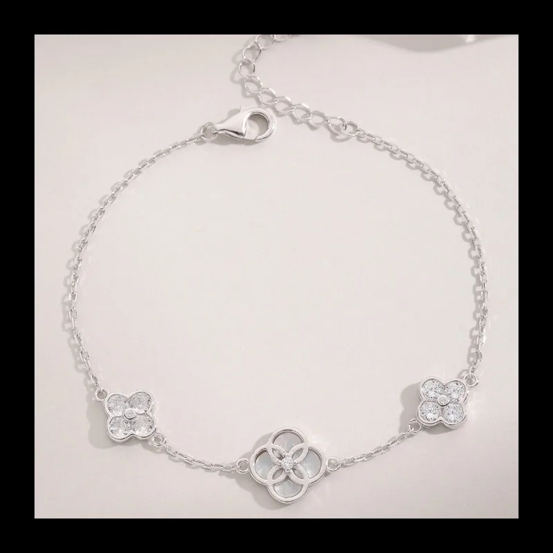 S925 الفضة جديد بسيط هندسي أربع أوراق البرسيم سوار ضوء الفاخرة مزاجه رائعة الأم قذيفة الزركون مجوهرات هدية #1