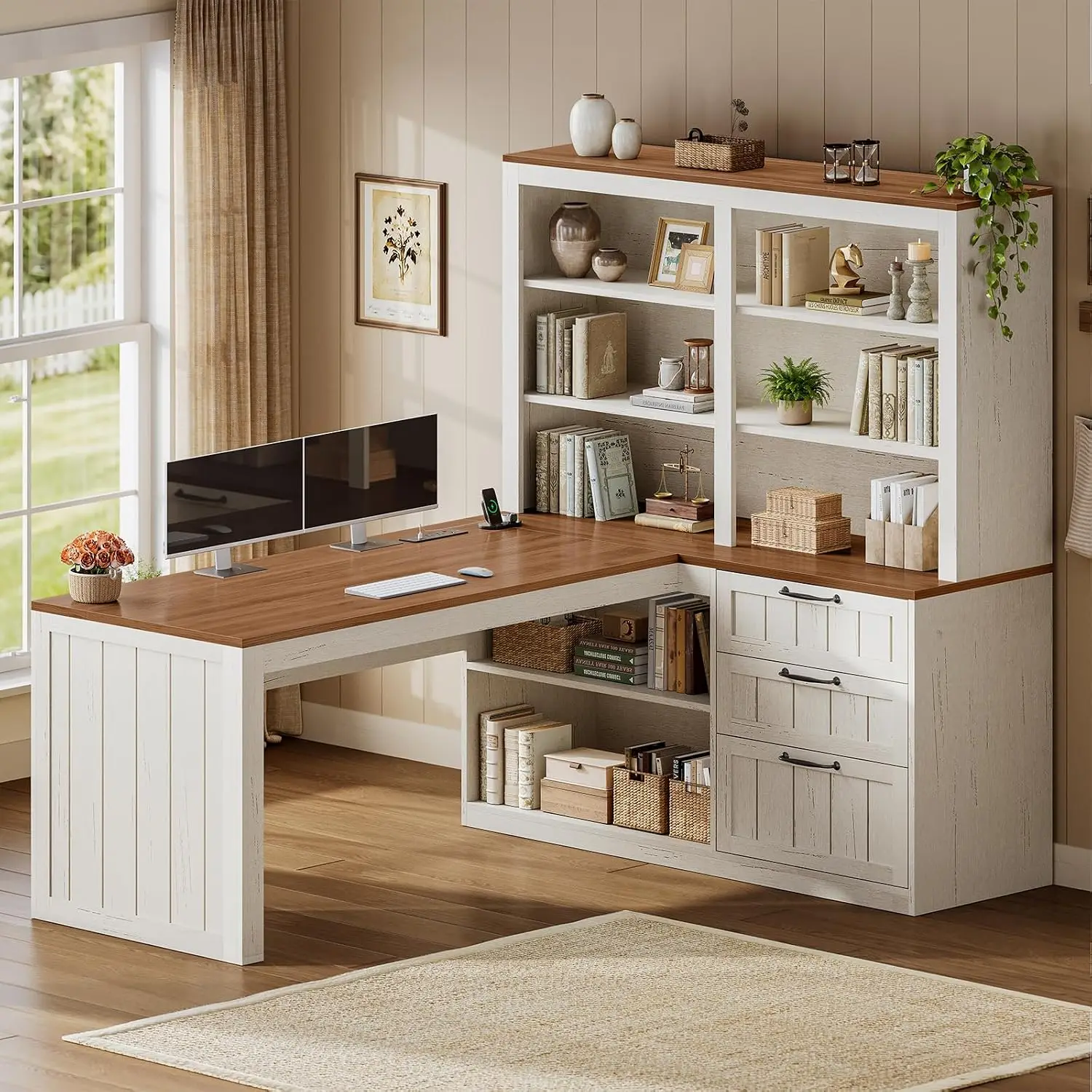 L Shaped Desk, 59'' Wood Desk with 3 Drawers & 5-Tier Shelf, Corner Desk with Storage & Power Outlet for Home Office, Customized
