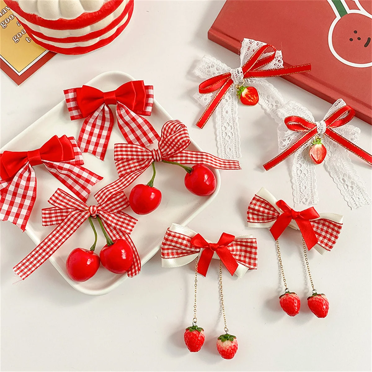 Red Cherry Plaid Lace Bow Hair Clip Girls Strawberry Ribbon 