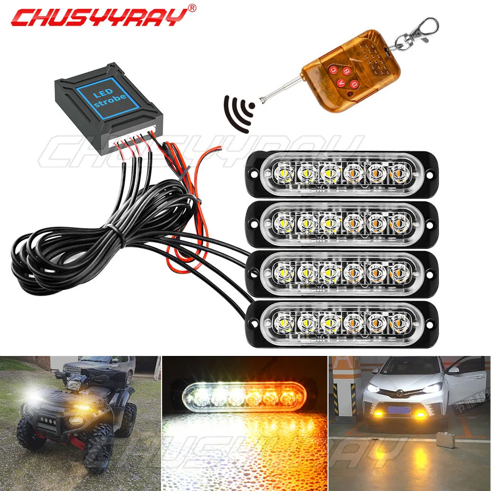 

4 In 1 Red Blue Emergency Strobe Lights Police Lights 12V With Wireless Remote Control Flash Grille Light for Cars Truck Van SUV