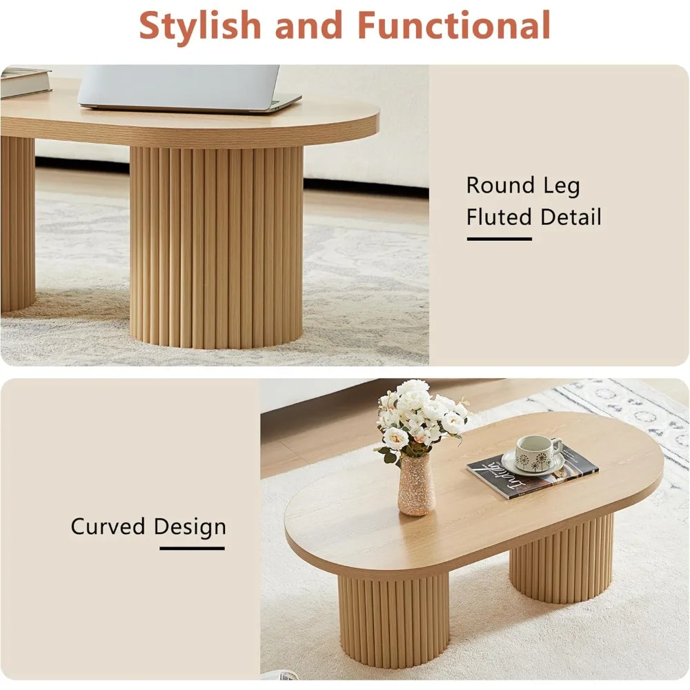 طاولة قهوة بيضاوية عصرية من Boho Chic لغرفة المعيشة، طاولة مركزية خشبية منحنية بأرجل مستديرة، مثالية لـ Bohemian Inte #4