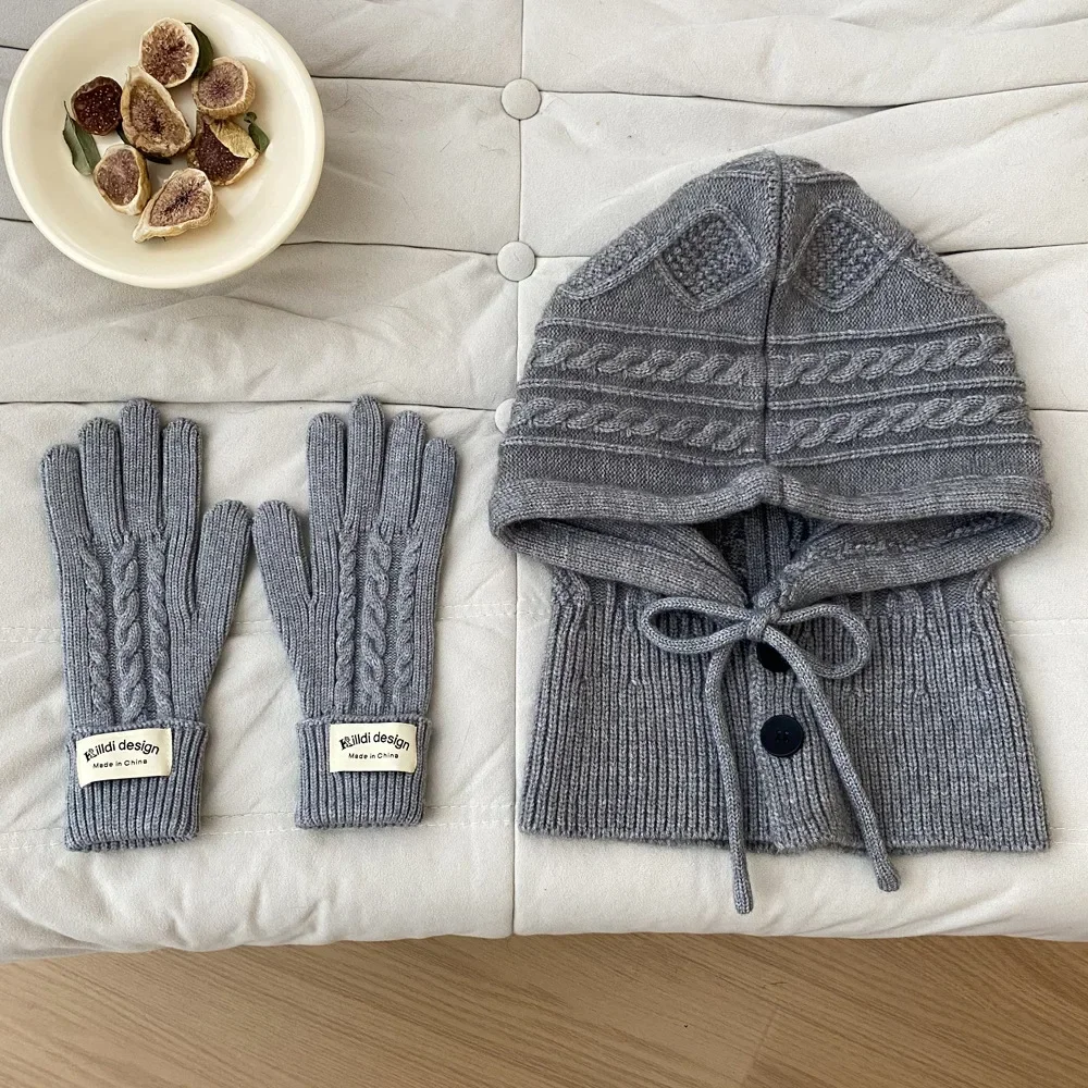 Korean Winter Hat and Glove Set for Women Warm Beanies Shawl Imitation Cashmere Knitted Soft Scarf Split Finger Pullover Hat