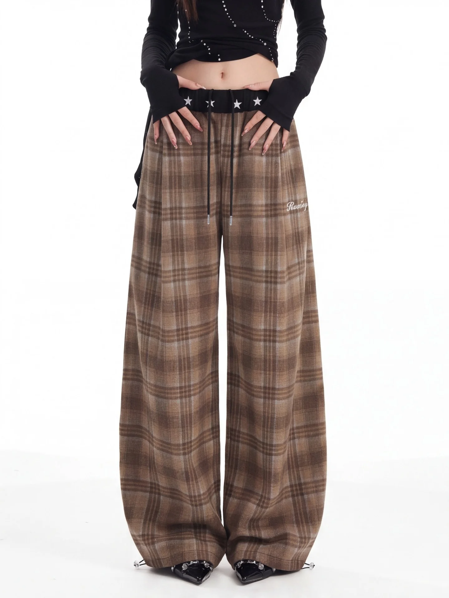 Ant American Style Street Check Wide Leg Pants Women Casual Loose Drapey Retro Check Long Trousers Trendy Brand Skinnies