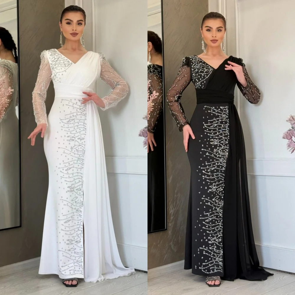 

Customized Jersey Pleat Sparkle V-neck Trumpet Midi Dresses Bespoke Occasion Classic Luxury Evening Party Gown Formal
