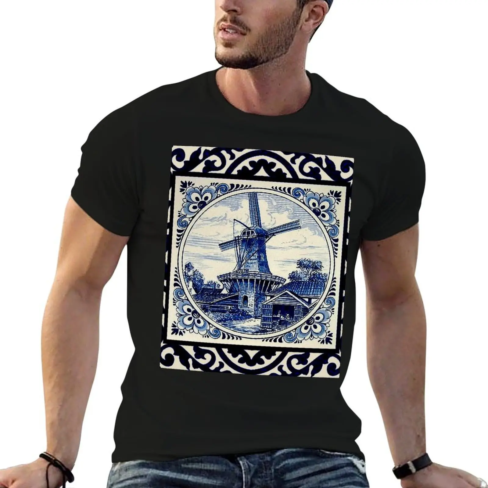 DUTCH BLUE DELFT : Vintage Rare Windmill Landscape in Amsterdam Print T-Shirt plus size tops plus sizes sports fans t shirt men