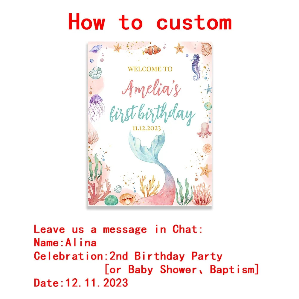 Baby Shower Pastel Mermaid Birthday Welcome Sign Poster Custom Art Print Canvas Painting Baptism Wall Picture Girl Party Decor