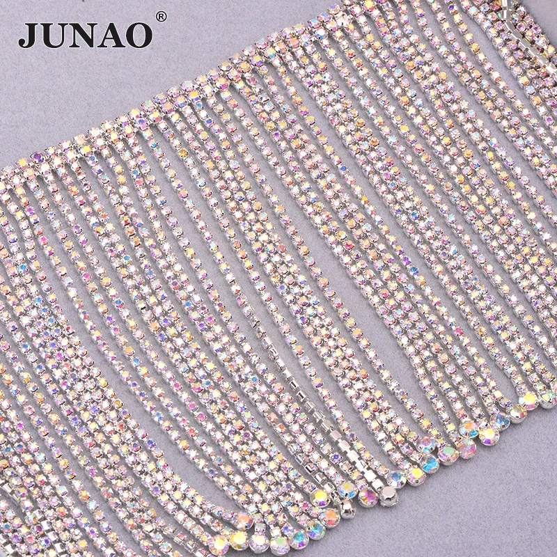 JUNAO 45cm Sewing Crystal AB Rhinestones Fringe Chain Glass Stones Tassel Metal Trim Crystal Applique Strass Tape for Dress DIY