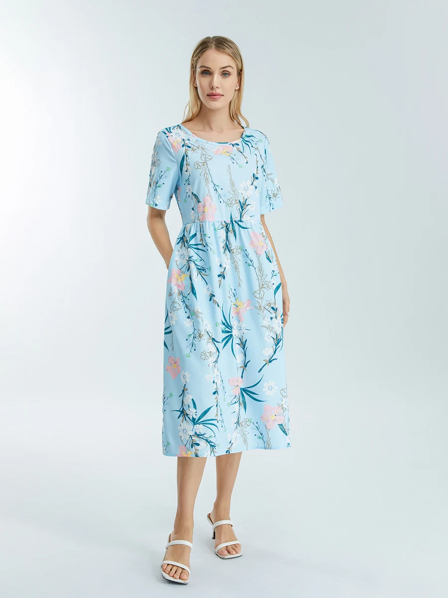 فستان نسائي طويل بطبعة زهور، فستان صيفي بوهو أنيق بأكمام قصيرة ورقبة دائرية مع جيوب