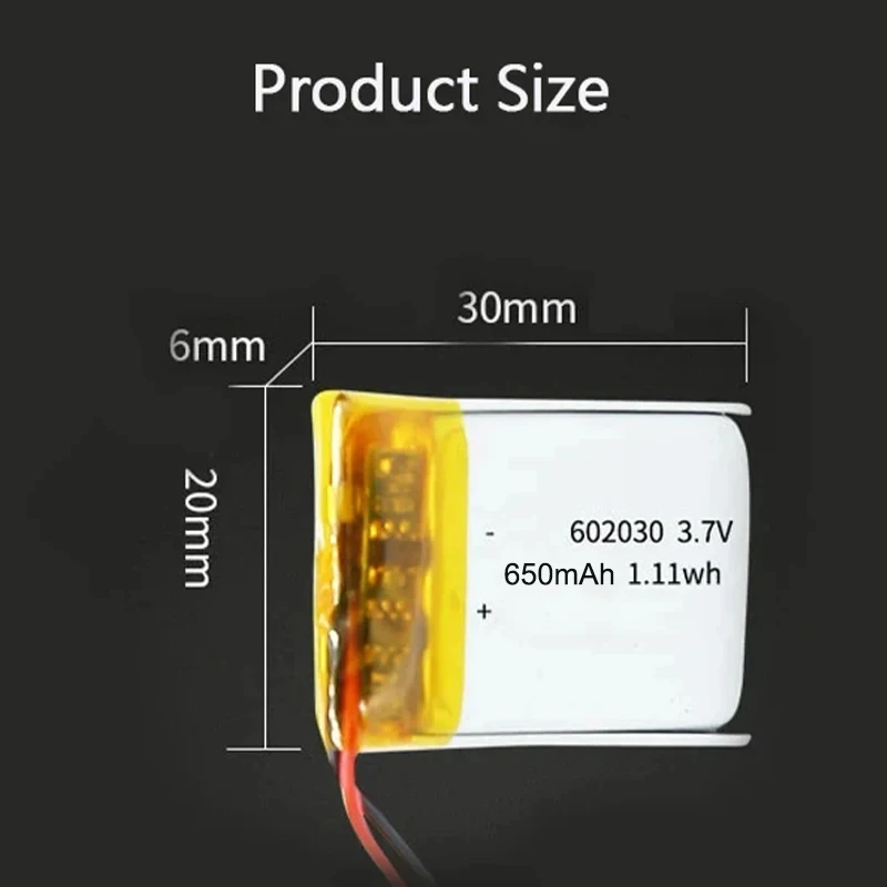 602030 3.7V 650mAh Real Capacity Polymer Lithium Ion Rechargeable Battery for Toys, LED Light, Bluetooth Speaker Tools Accessory