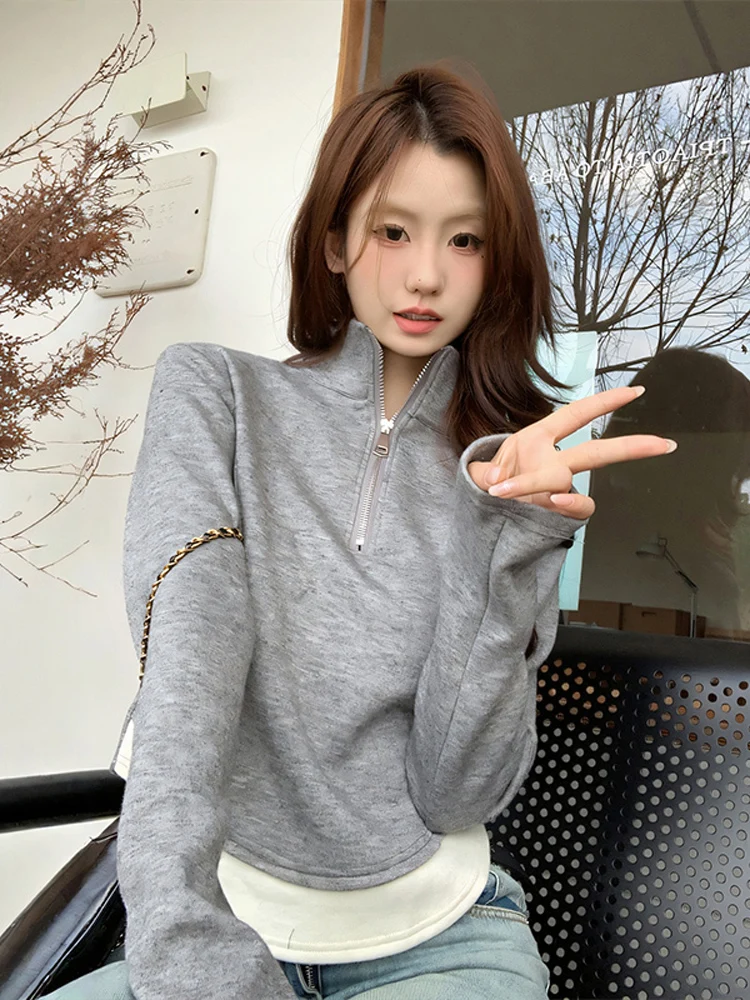 

Korean Sle Slim Fit f Zip Double Sided Velvet Long Sve Stand Collar Women's Base irt Spring Autumn New Sle Inner ...