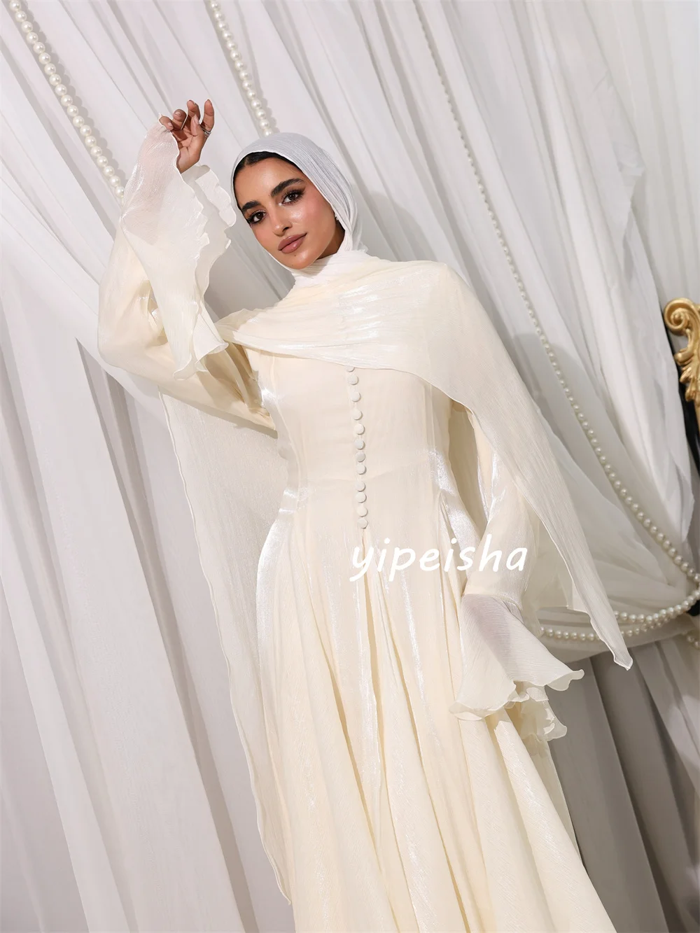 Customized Beige Matching Fashion Pleat Button A-line High Collar Floor-Length Evening Dresses Modern Style Sizes Available