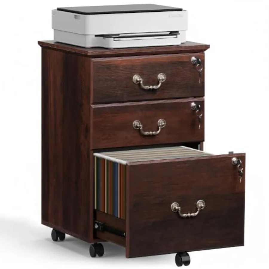 3 Drawer File Cabinet with Lock, Wood Filing Cabinet, Brown Oak