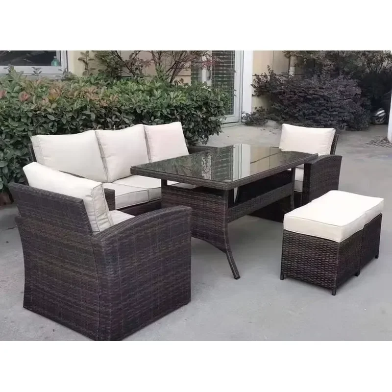 Modern Wicker Patio Sofa Set Aluminum Frame Outdoor Furniture Waterproof UV Resistant Garden Hotel Use Tempered Glass Table