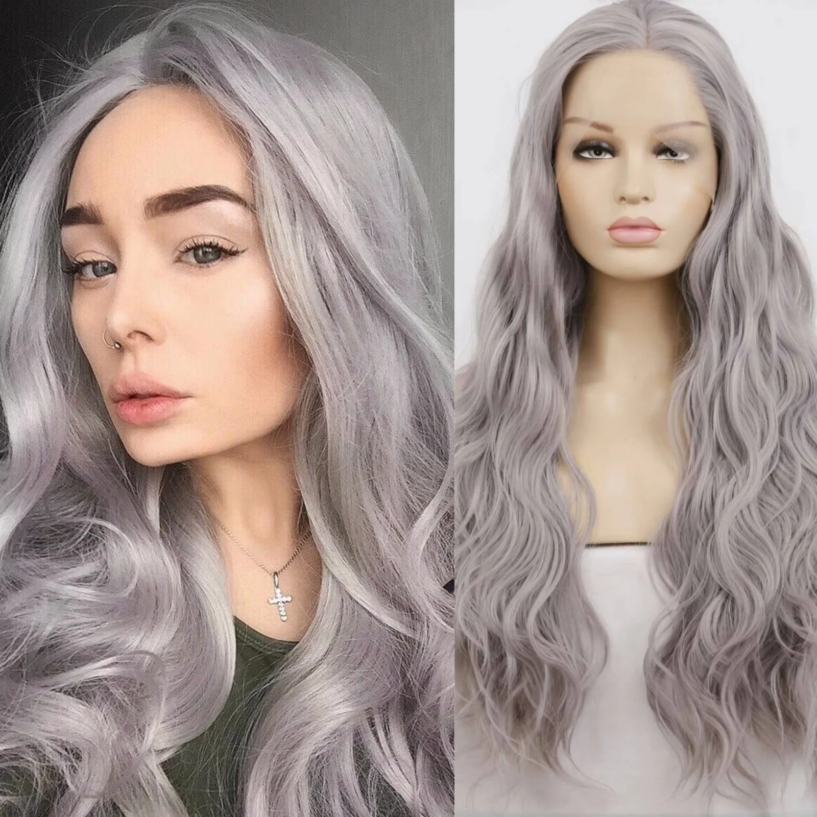 RDY Silver Wig Body Wave Ash Grey Synthetic Lace Front Wig Glueless Natural Hairline Long Wavy Hair Frontal Wigs for Women Daily