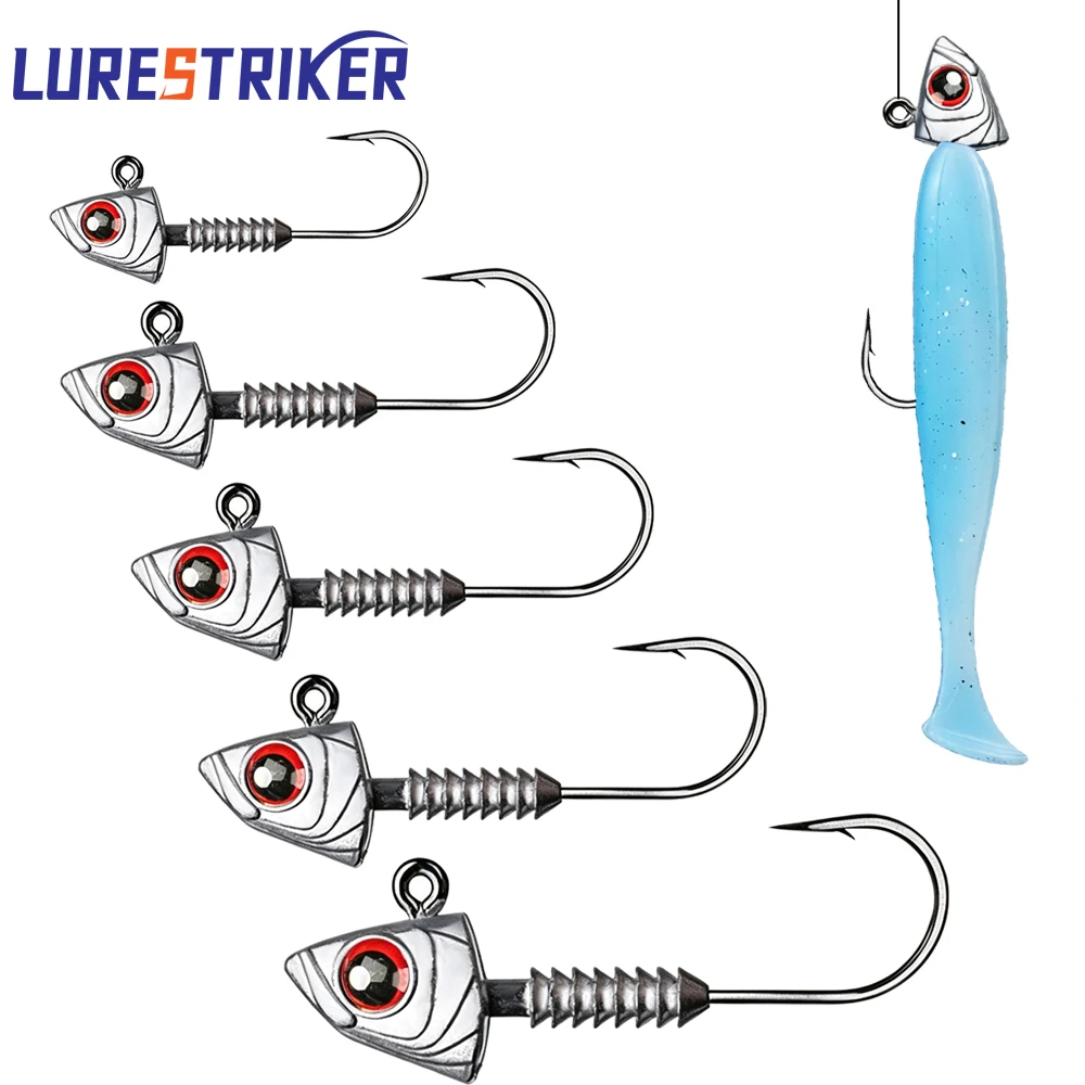 5 Stück/Set Swimbait-Jig-Haken, 5g/7g/10g/14g, Angelhaken aus hochfestem Kohlenstoffstahl mit 3D-Augen und Köderhalter, für das Angeln auf Barsch und Hecht.