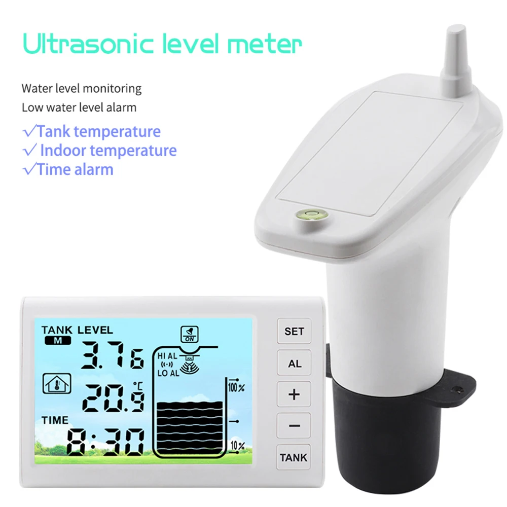 Ultrasonic Wireless Water Tank Liquid Level Meter Temperature Sensor Detect Level Monitor Time Display Battery Indicator Alarm