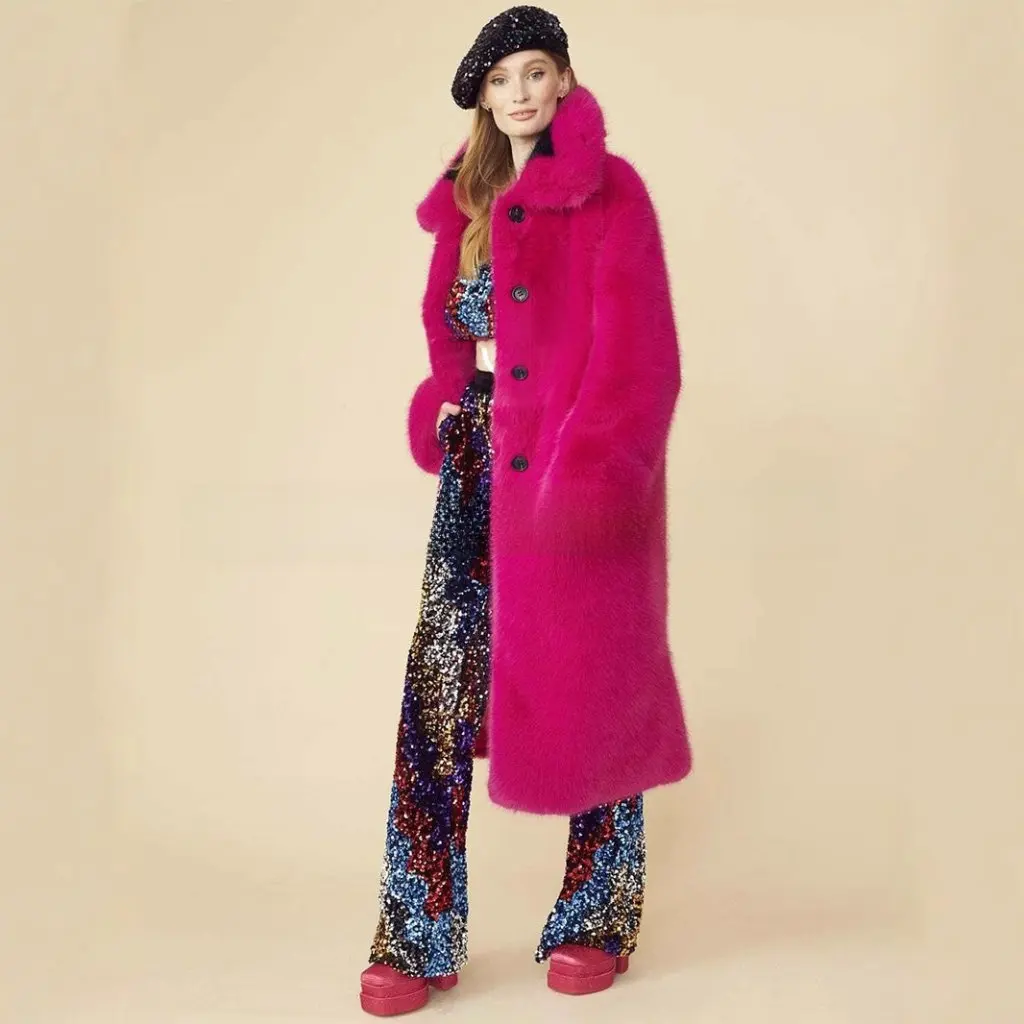 

Women's Mid-Length Rose Red Imitation Fur Outwear Fashion Trendy Style Autumn Winter Mink Outerwear