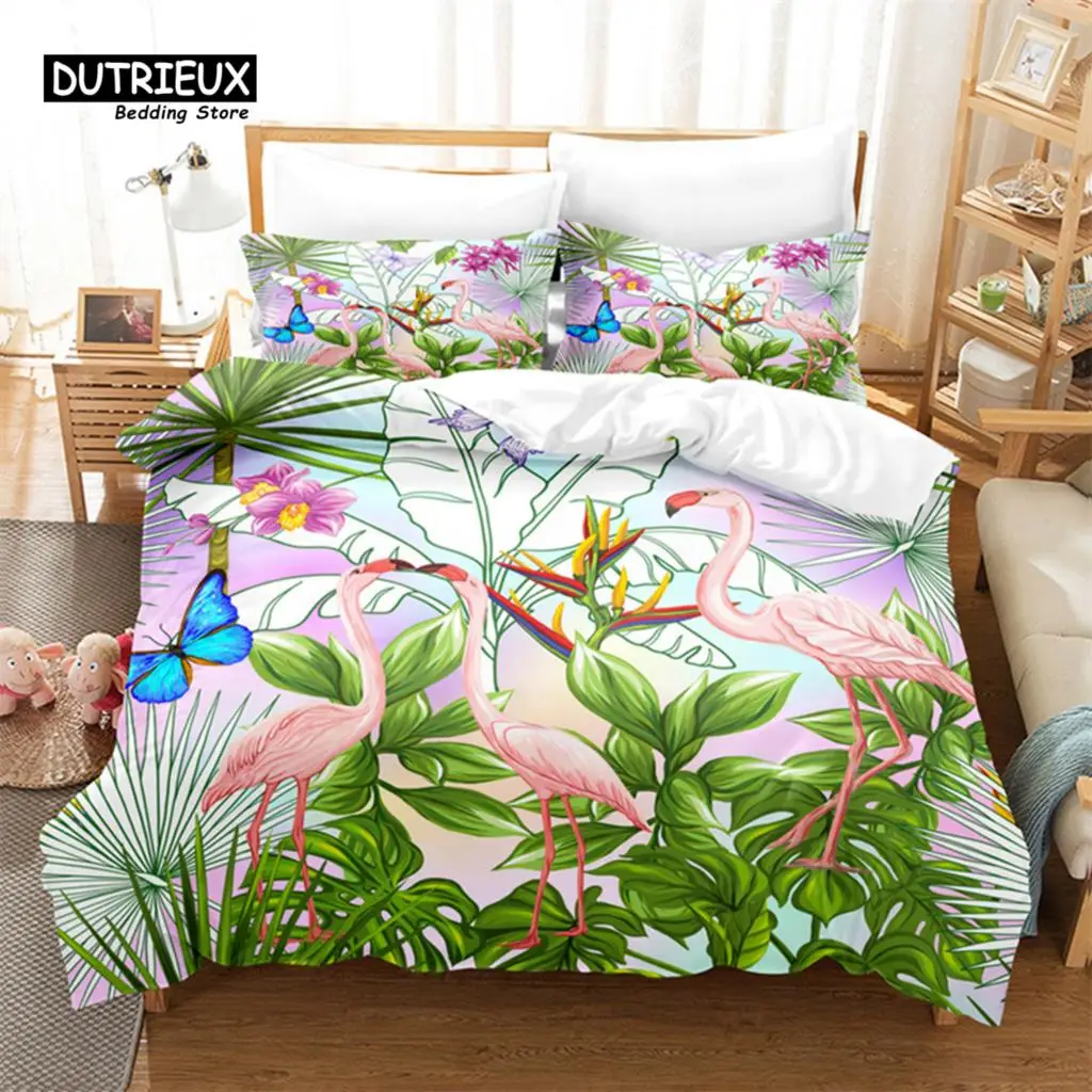 Flamingo Duvet Cover Tropical Palm Tree Leaves Quilt Cover Polyester 3D Floral Bedding Set Twin King For Girls Boys Room Decor