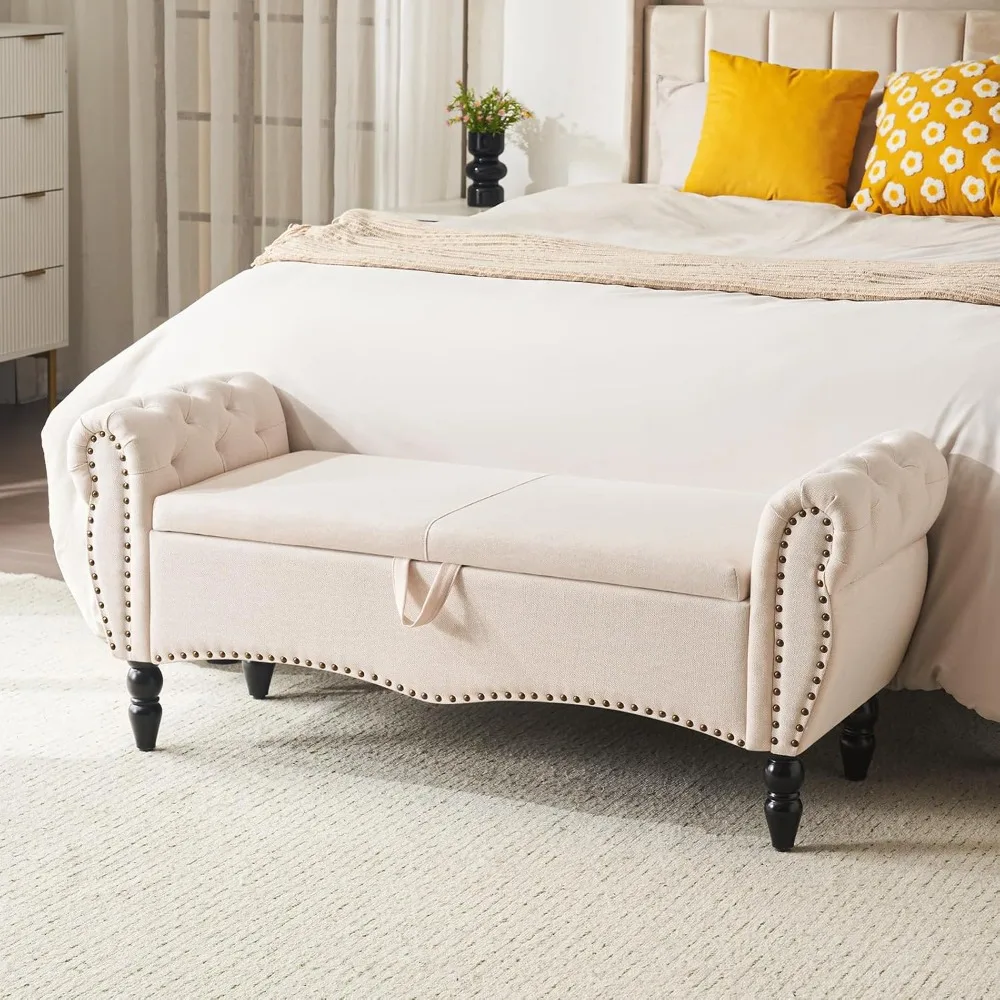 

Storage Ottoman Bench for Bedroom, Upholstered End of Bed Bench with Solid Wood Legs Modern Shoe Storage Bench, Customized