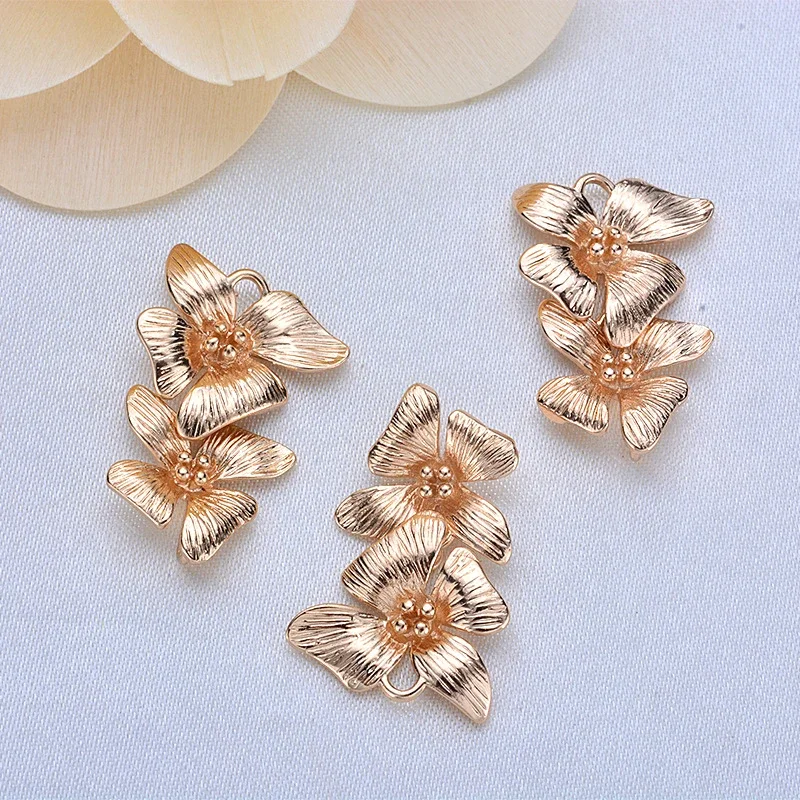 

(1549) 6PCS 24x15MM 24K Gold Color Plated Brass Double Flower Charms Pendants High Quality Diy Jewelry Accessories