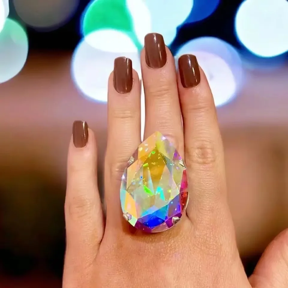 

Rainbow Crystal Large Teardrop Ring Costume Dress Jewelry Elegant Bridal Bling Rhinestone WaterDrop Open Rings Adjustable Finger