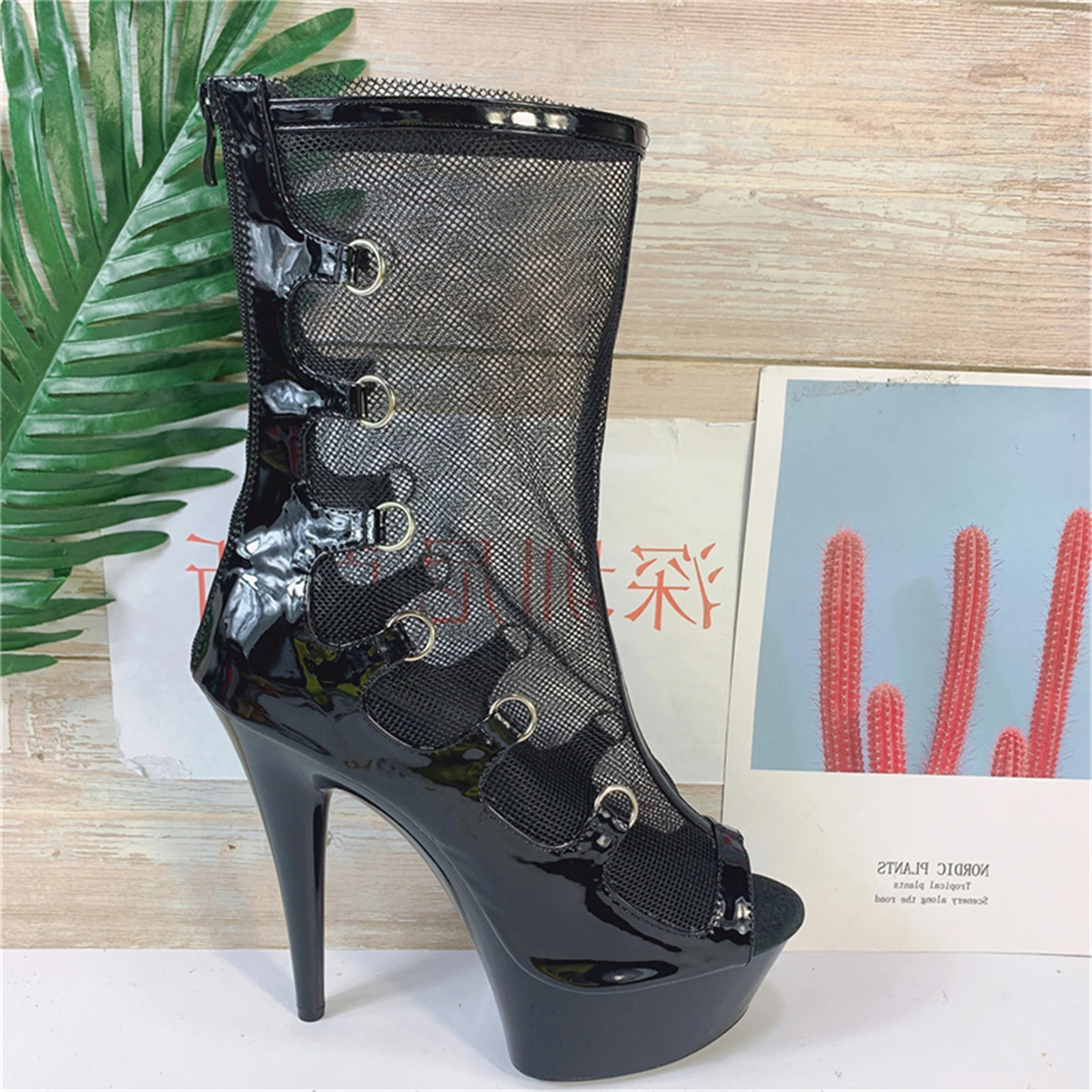 2025 القوطية فم السمكة أحذية النساء شبكة والجلود منصة خنجر الكعوب عبر الدانتيل يصل حلقات معدنية اللمحة تو حذاء من الجلد