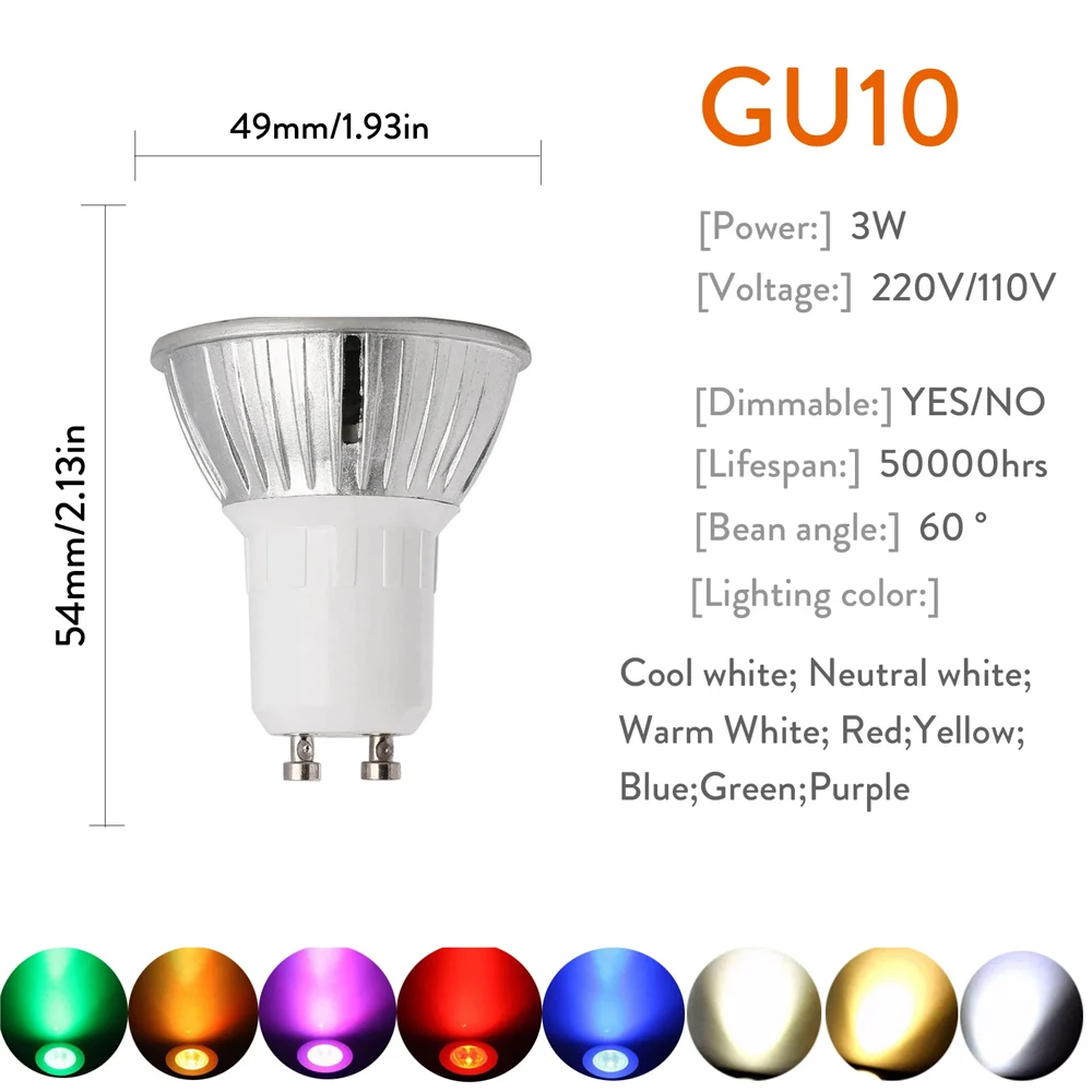 Dimmable GU10 GU5.3 MR16 LED Spotlight 3W Multicolor LED Light Bulb 110V/220V 12V LED Lamp For Home Office 60Degree Lighting