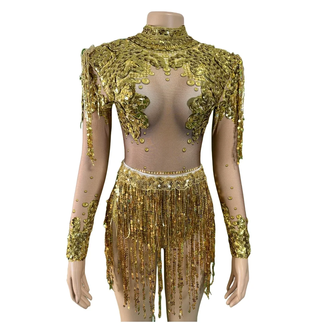 

Stretch Women Sequin Fringe Bodysuits 2 Pcs Set Skirt Gold Long Sleeve Cheer Outfit Rave Festival Dance Stage Wear