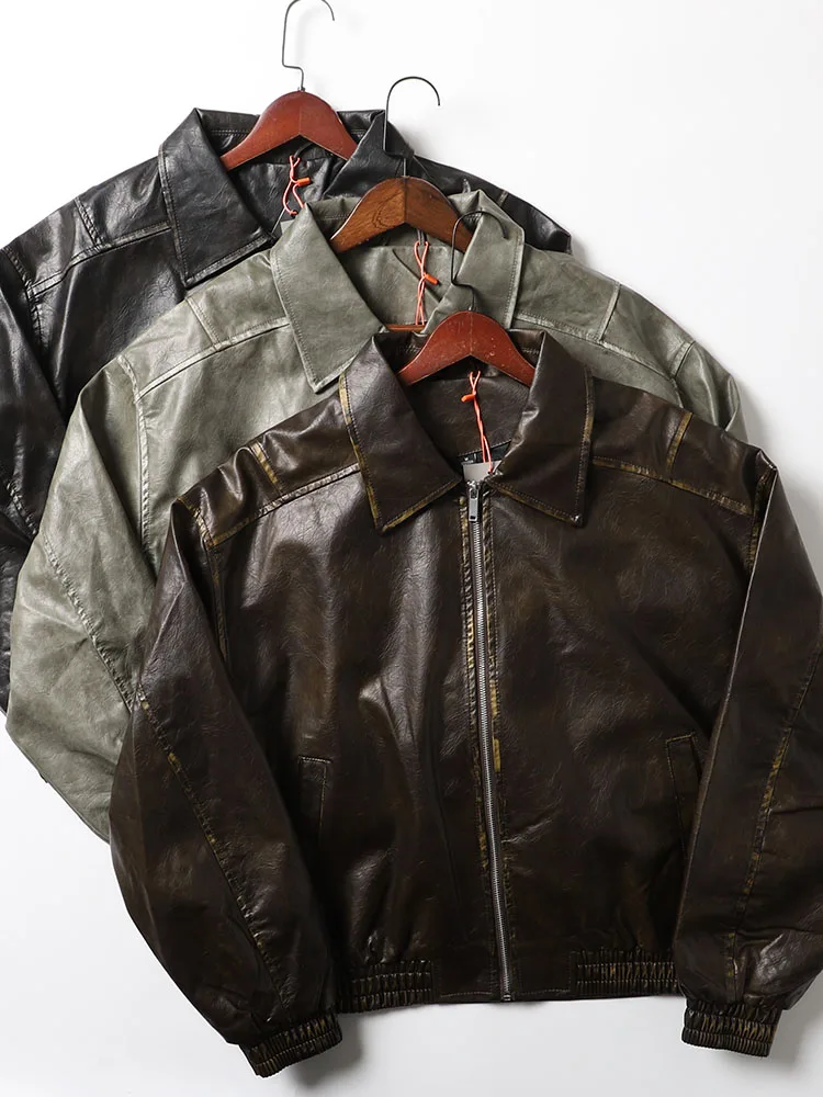 

Retro American Worn PU Leather Jaet ort Casual Men's Sli Spring Autumn Biker Coat Youthful Vitali Sle Faionable