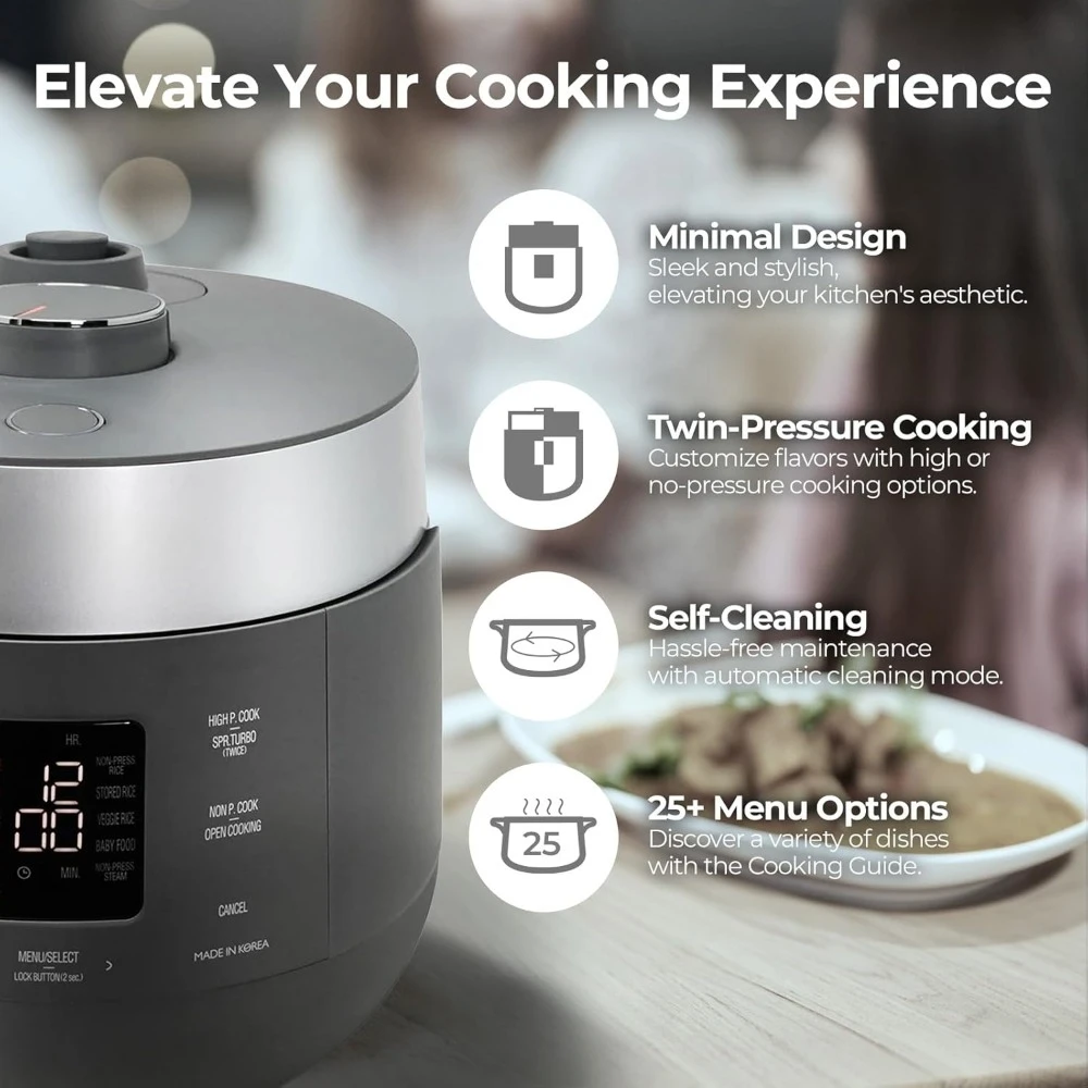 10-Cup (Uncooked) / 20-Cup (Cooked) Twin Pressure Rice Cooker, 16 Menu Modes, 3 Voice Guide, Auto Clean (Gray)